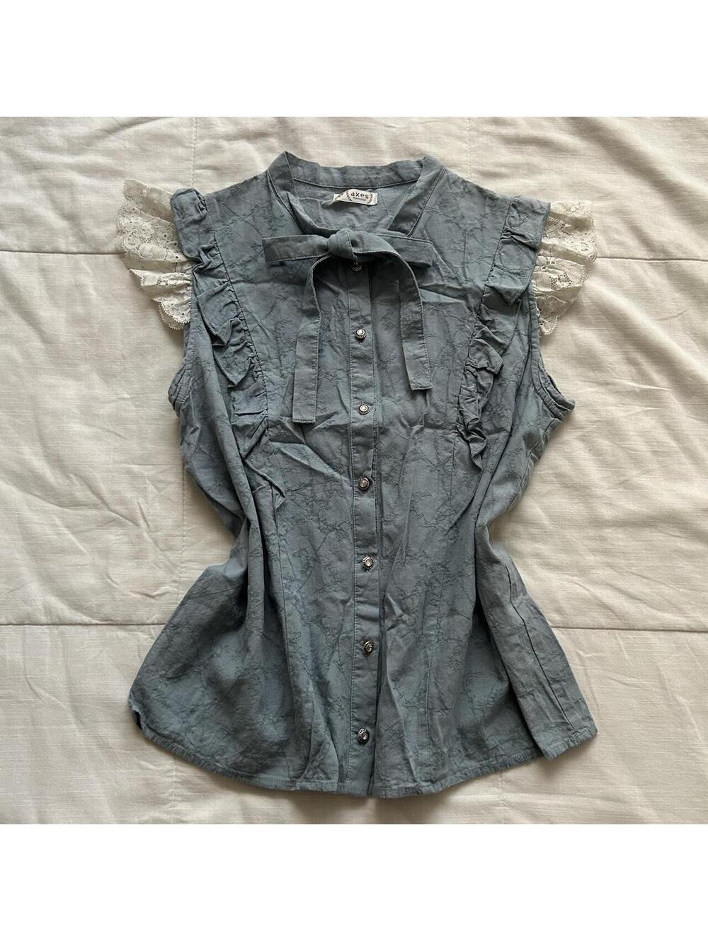 Axes Femme Dusty Blue Blouse Lace Cap Sleeve Bow Ruffle Button M Japan